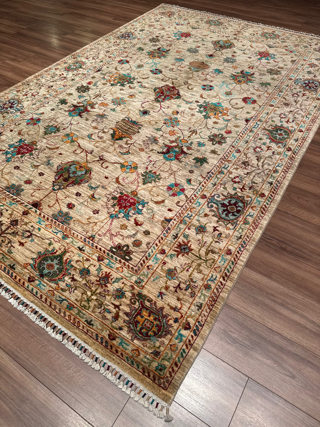 سجادة سلطاني بينبيرجيسي الأصلية المصنوعة يدويًا من الصوف بلون البيج المصبوغ بالجذور 203 × 309، 6.27 متر مربع - 7 × 10 قدم 