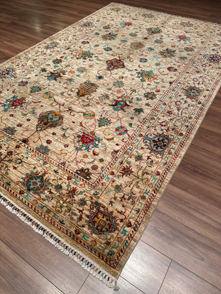 سجادة سلطاني بينبيرجيسي الأصلية المصنوعة يدويًا من الصوف بلون البيج المصبوغ بالجذور 203 × 309، 6.27 متر مربع - 7 × 10 قدم 