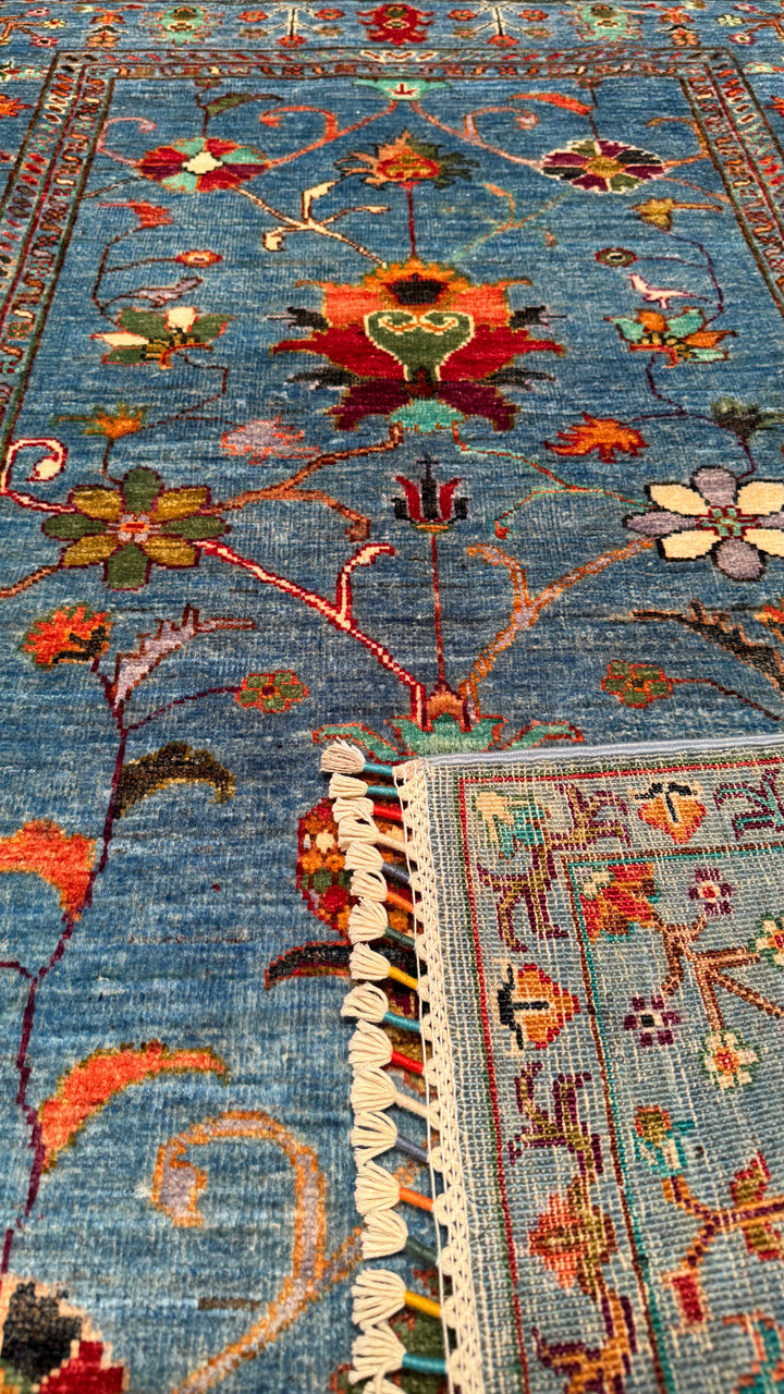 Sultani Floral Original Hand Woven Blue Vegetable Dyed Wool Carpet 104x153 1.59 Square Meters - 3x5 ft