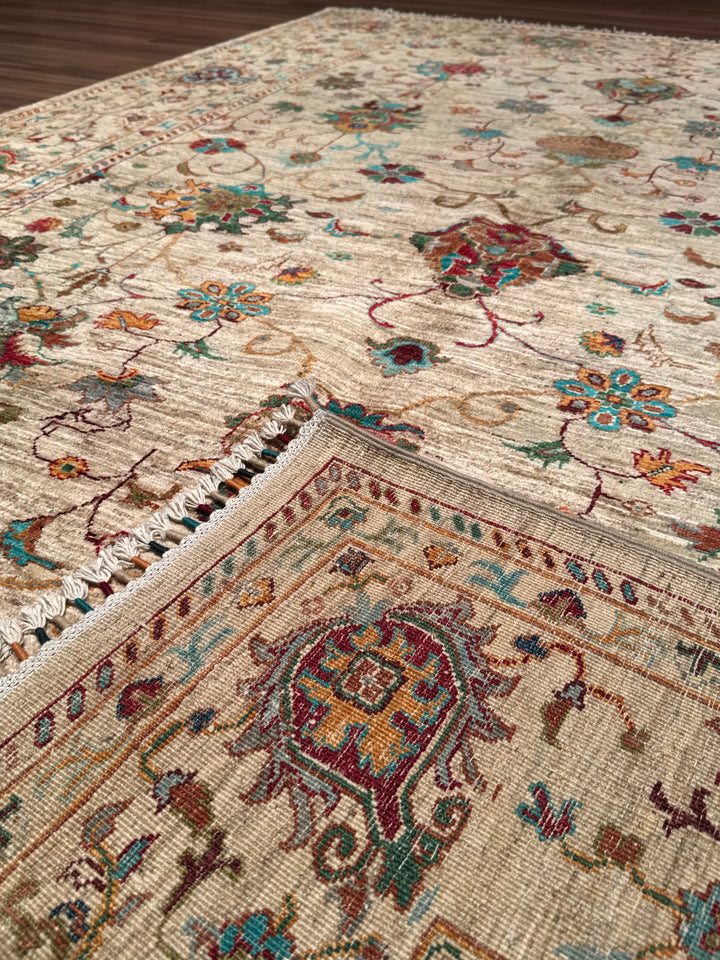 سجادة سلطاني بينبيرجيسي الأصلية المصنوعة يدويًا من الصوف بلون البيج المصبوغ بالجذور 203 × 309، 6.27 متر مربع - 7 × 10 قدم 