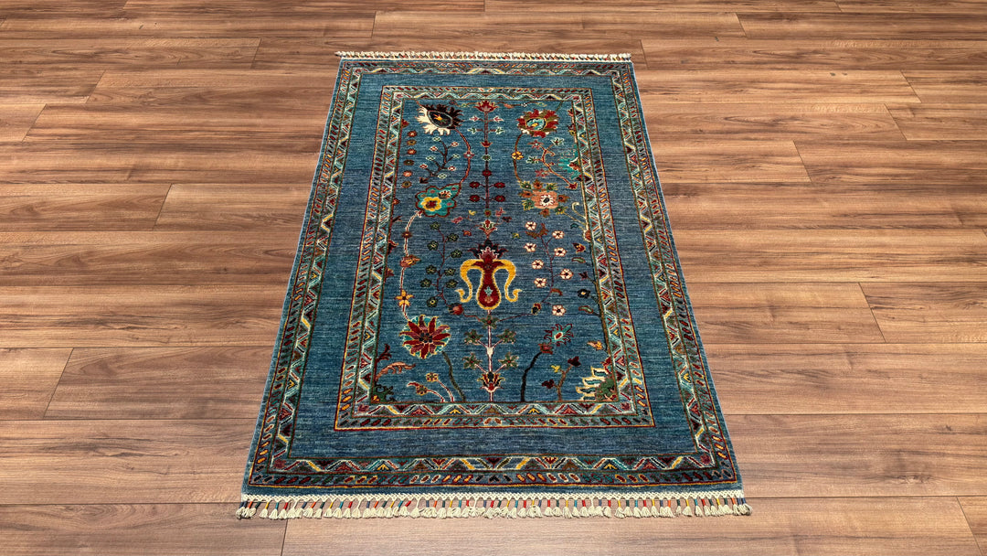 Sultani Çiçekli Orjinal El Dokuması Bej Kök Boya Yün Halı 102x158 1.61 Metrekare - 3x5 ft