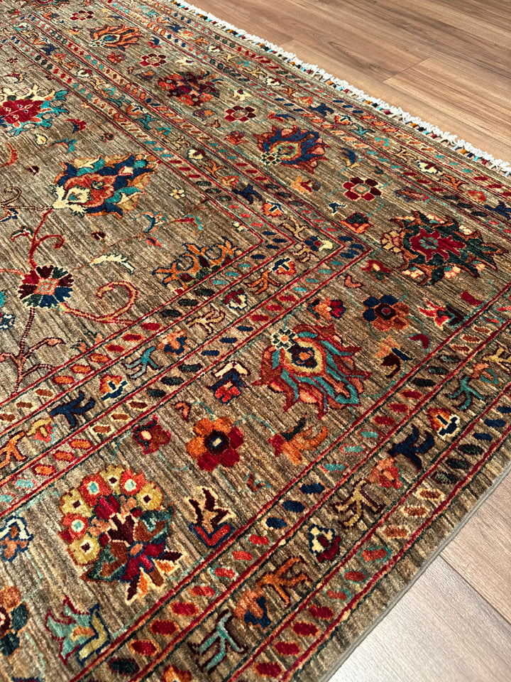 سجادة سلطاني بينبيرجيسي الأصلية المصنوعة يدويًا من الصوف البني المصبوغ بصبغة الجذور 201 × 299، 6.01 متر مربع - 7 × 10 قدم