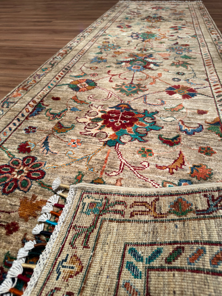 Sultani Binbirgece Yolluk Orijinal El Dokuması Bej Kök Boya Yün Halı 0.83x286 2.37 Metrekare - 3x10 ft