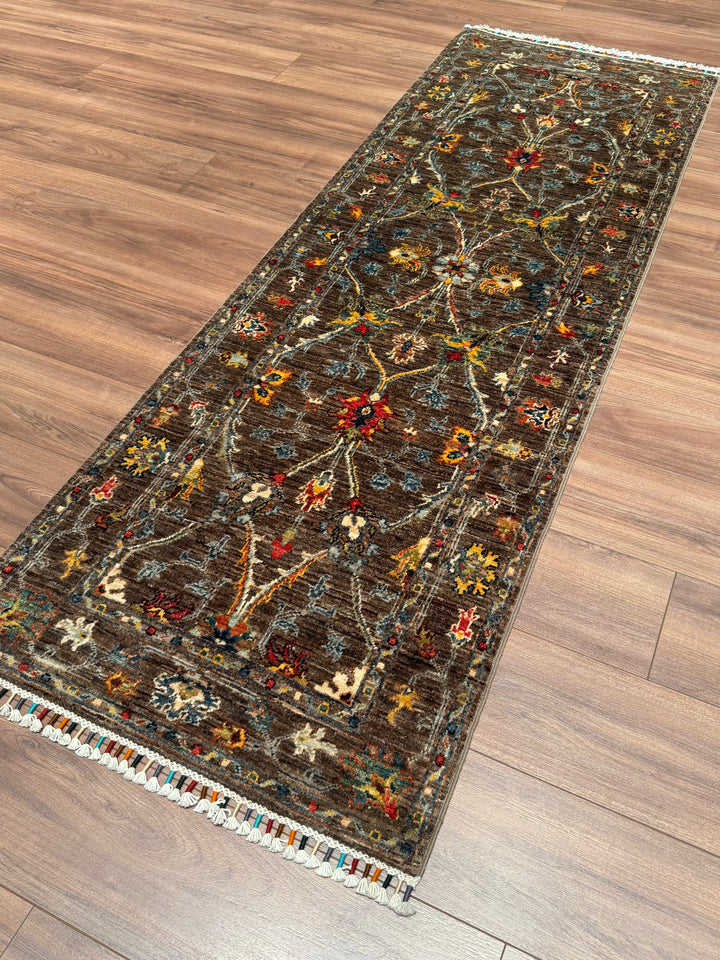 Sultani Çiçekli Yolluk Orijinal El Dokuması Kahverengi Kök Boya Yün Halı 0.75x220 1.65 Metrekare - 2x8 ft