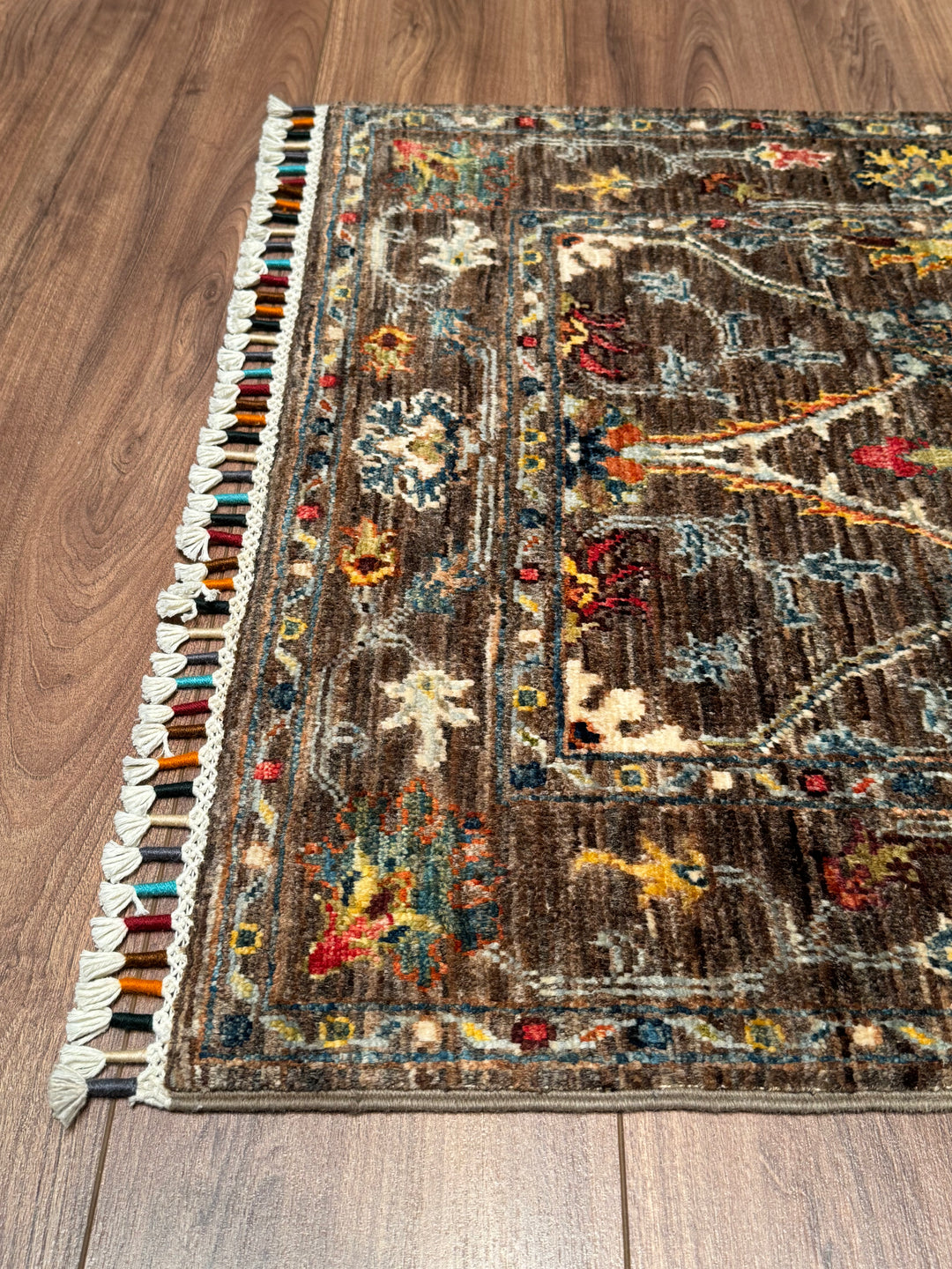 Sultani Çiçekli Yolluk Orijinal El Dokuması Kahverengi Kök Boya Yün Halı 0.75x220 1.65 Metrekare - 2x8 ft