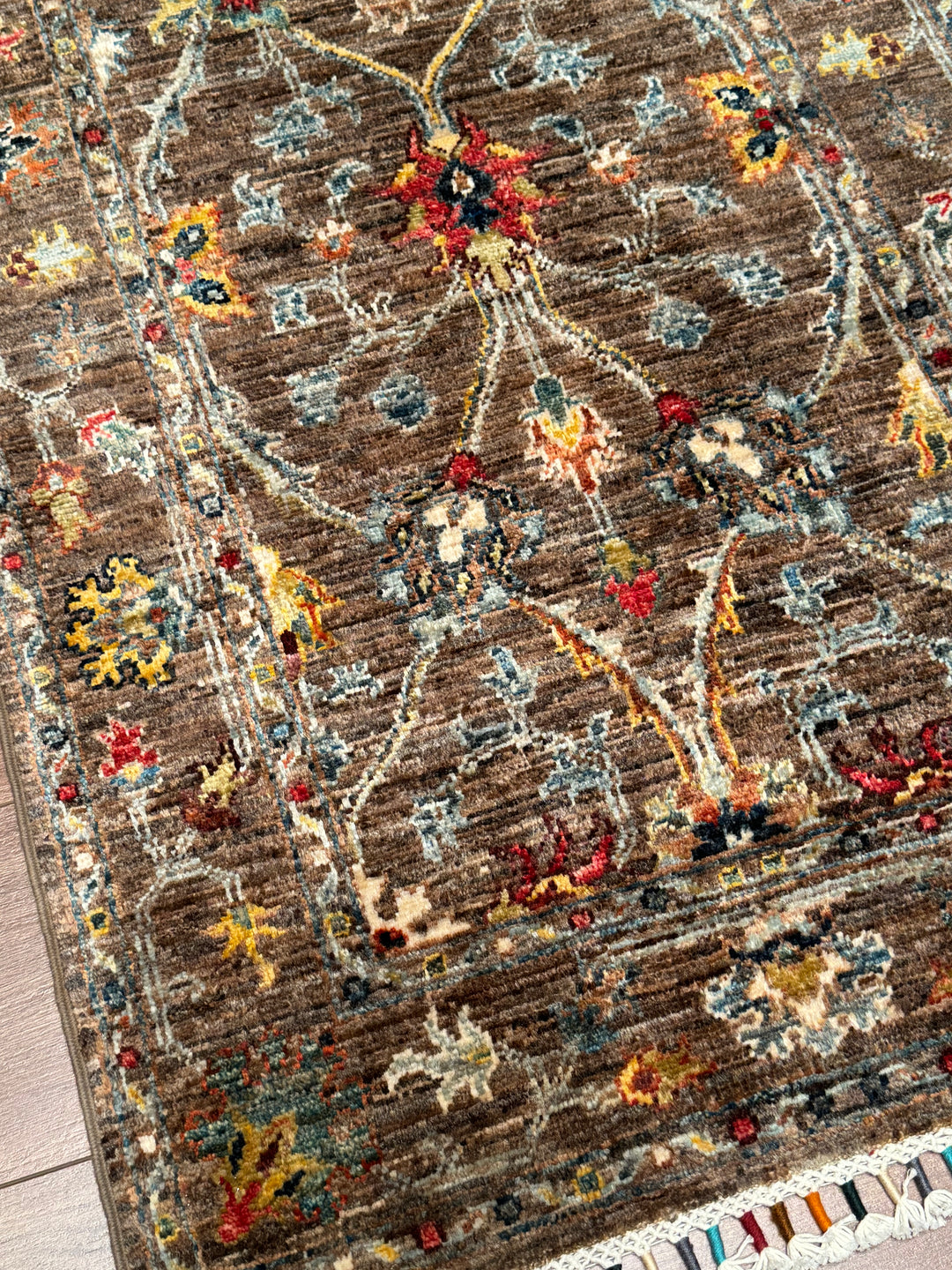 Sultani Çiçekli Yolluk Orijinal El Dokuması Kahverengi Kök Boya Yün Halı 0.75x220 1.65 Metrekare - 2x8 ft