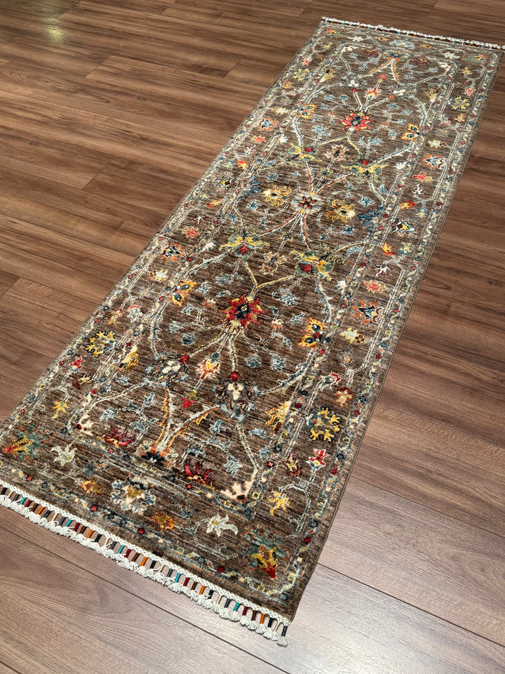 Sultani Çiçekli Yolluk Orijinal El Dokuması Kahverengi Kök Boya Yün Halı 0.75x220 1.65 Metrekare - 2x8 ft