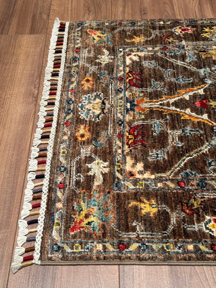 Sultani Çiçekli Yolluk Orijinal El Dokuması Kahverengi Kök Boya Yün Halı 0.75x221 1.66 Metrekare - 2x8 ft