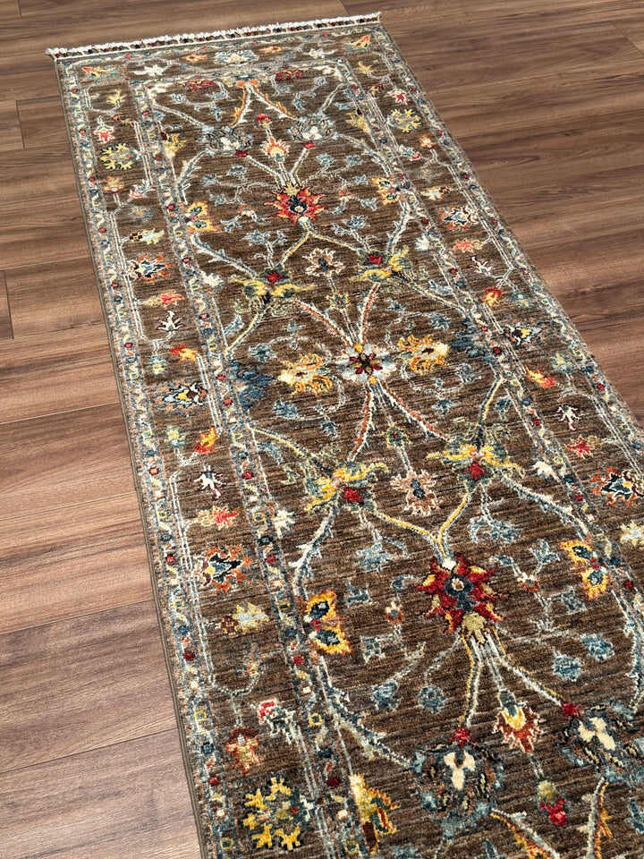 Sultani Çiçekli Yolluk Orijinal El Dokuması Kahverengi Kök Boya Yün Halı 0.75x221 1.66 Metrekare - 2x8 ft