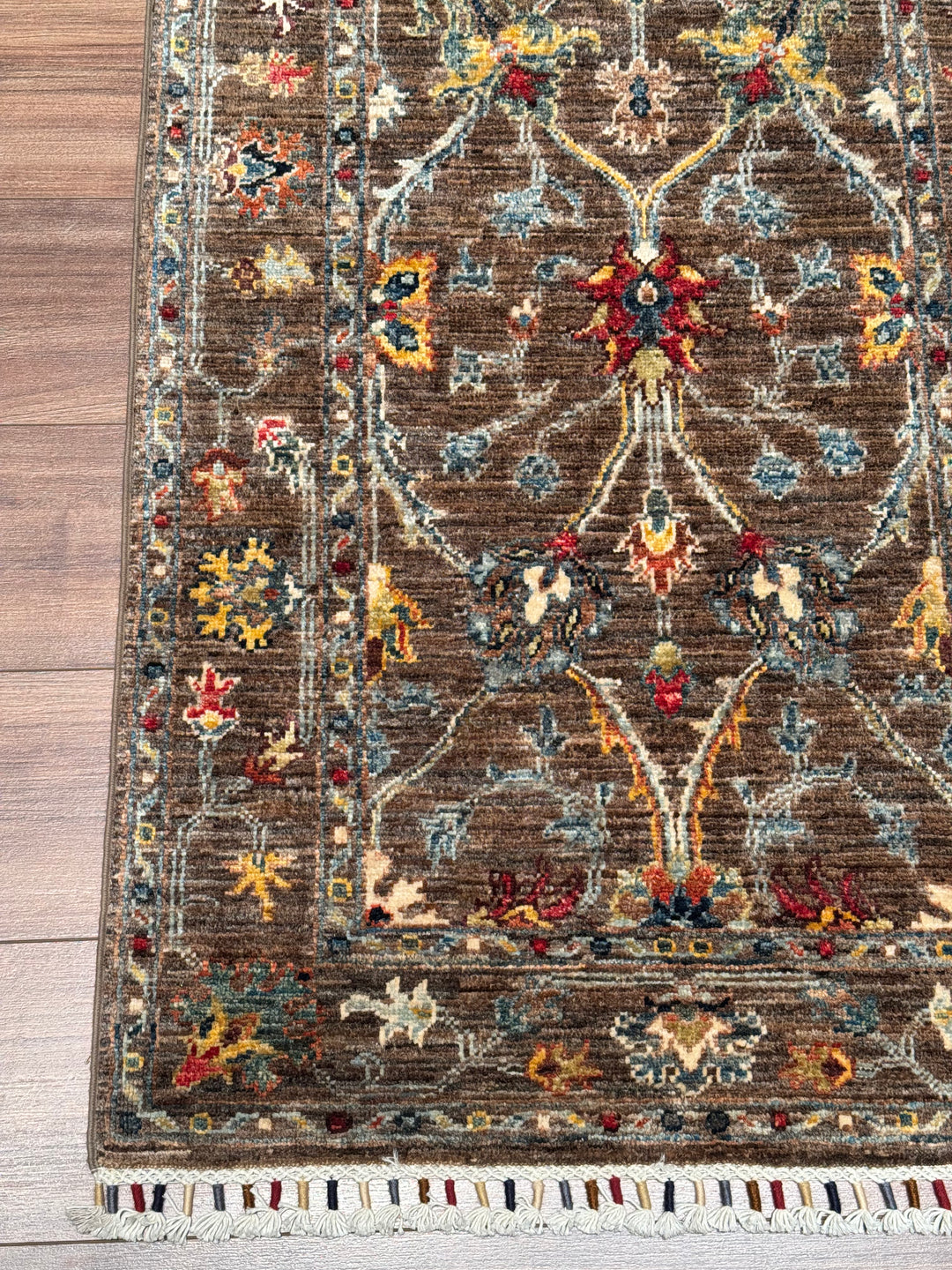 Sultani Çiçekli Yolluk Orijinal El Dokuması Kahverengi Kök Boya Yün Halı 0.75x221 1.66 Metrekare - 2x8 ft