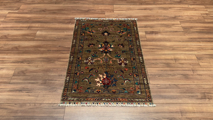 Sultani Floral Original Hand Woven Beige Vegetable Dyed Wool Carpet 0.83x117 0.97 Square Meters - 3x5 ft