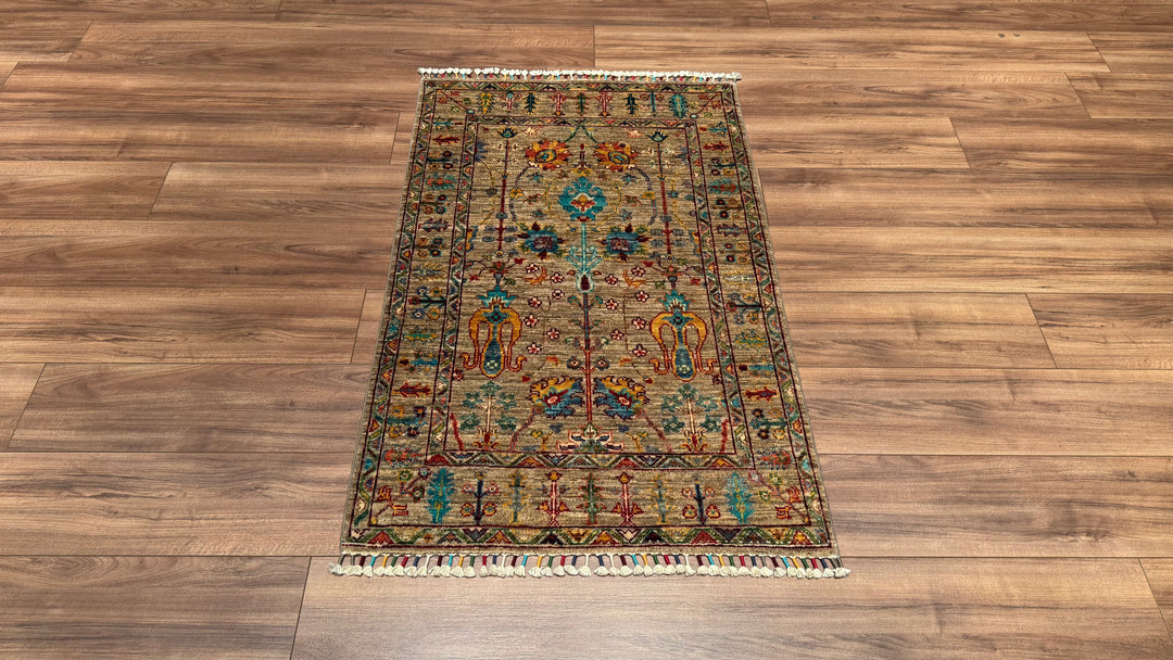 Sultani Floral Original Hand Woven Beige Vegetable Dyed Wool Carpet 0.81x126 1.02 Square Meters - 3x4 ft