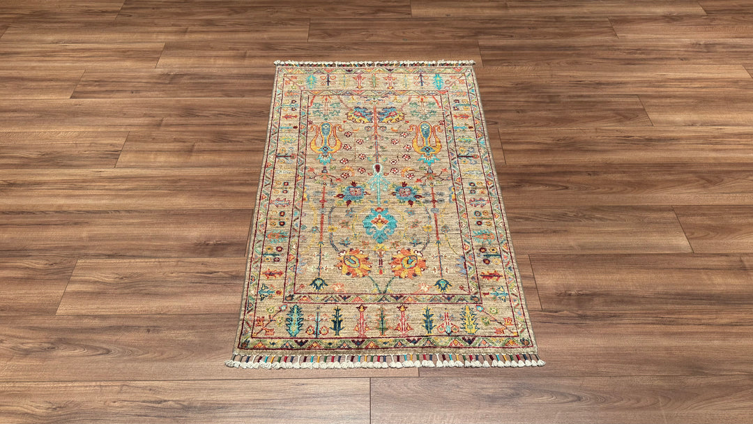 Sultani Floral Original Hand Woven Beige Vegetable Dyed Wool Carpet 0.81x126 1.02 Square Meters - 3x4 ft