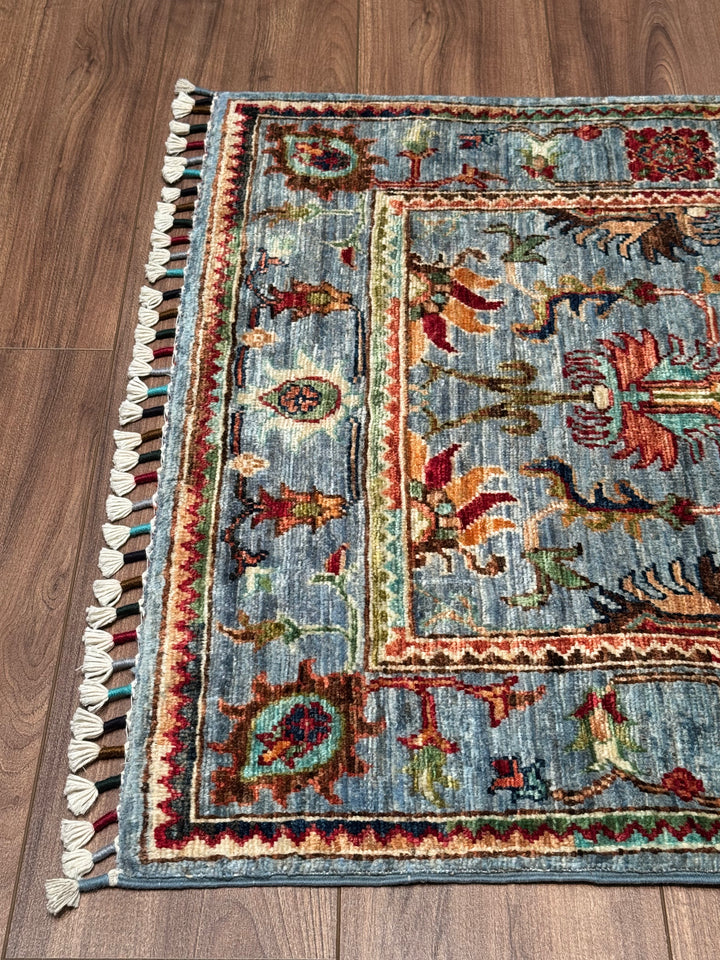 Sultani Binbirgece Yolluk Orijinal El Dokuması Mavi Kök Boya Yün Halı 0.80x254 2.03 Metrekare - 3x8 ft