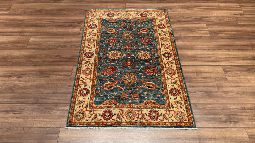 Uşak Original Hand Woven Cream Blue Vegetable Dyed Wool Carpet 0.96x141 1.35 Square Meters - 3x5 ft