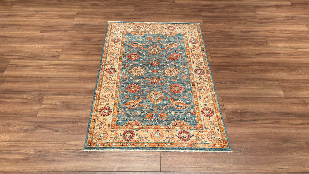 Uşak Orjinal El Dokuması Krem Mavi Kök Boya Yün Halı 0.96x141 1.35 Metrekare - 3x5 ft