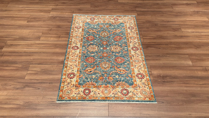 Uşak Original Hand Woven Cream Blue Vegetable Dyed Wool Carpet 0.96x141 1.35 Square Meters - 3x5 ft