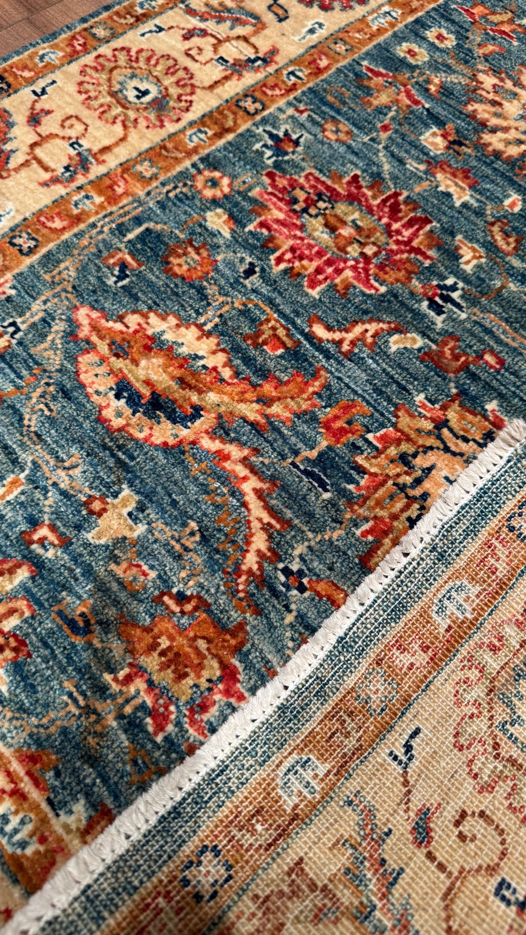 Uşak Original Hand Woven Cream Blue Vegetable Dyed Wool Carpet 0.96x141 1.35 Square Meters - 3x5 ft