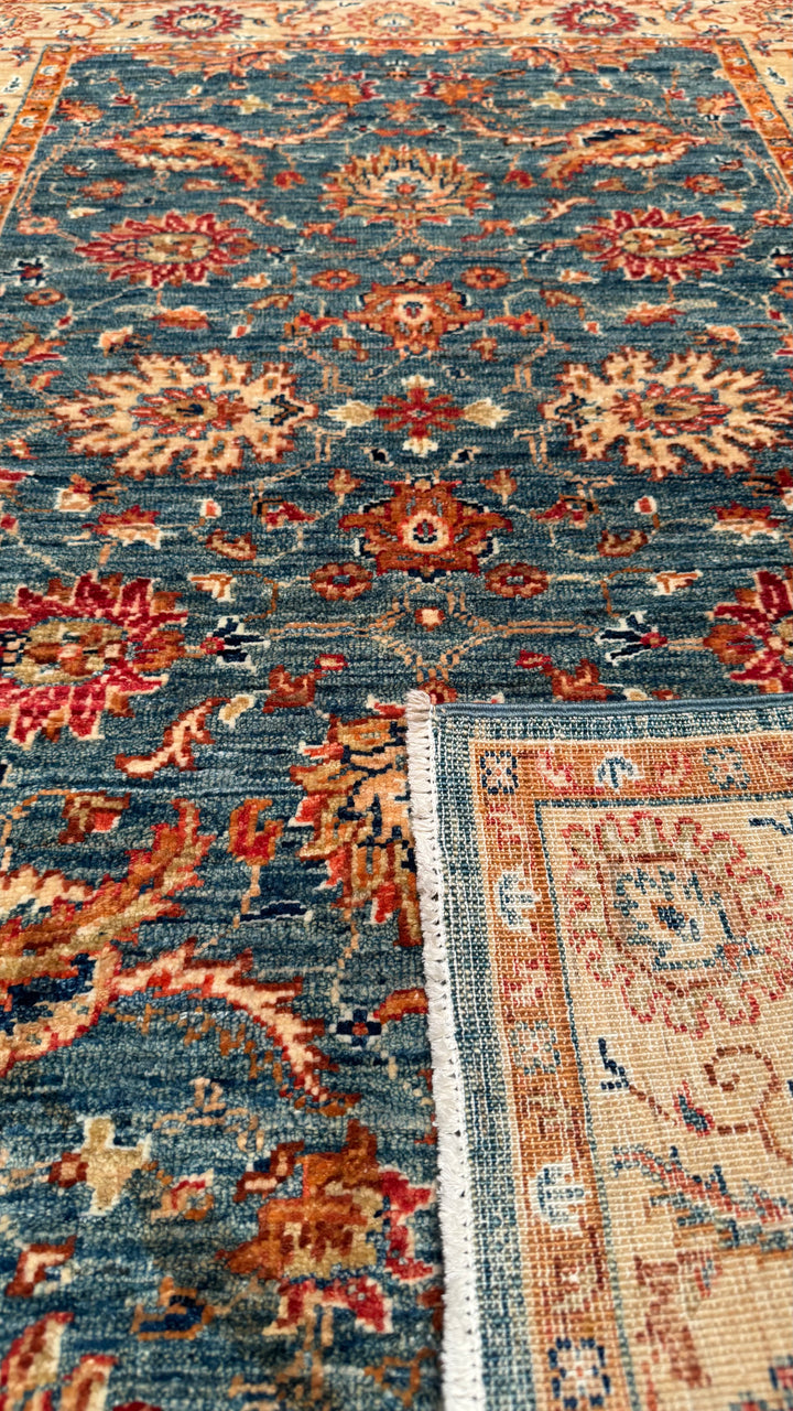 Uşak Original Hand Woven Cream Blue Vegetable Dyed Wool Carpet 0.96x141 1.35 Square Meters - 3x5 ft