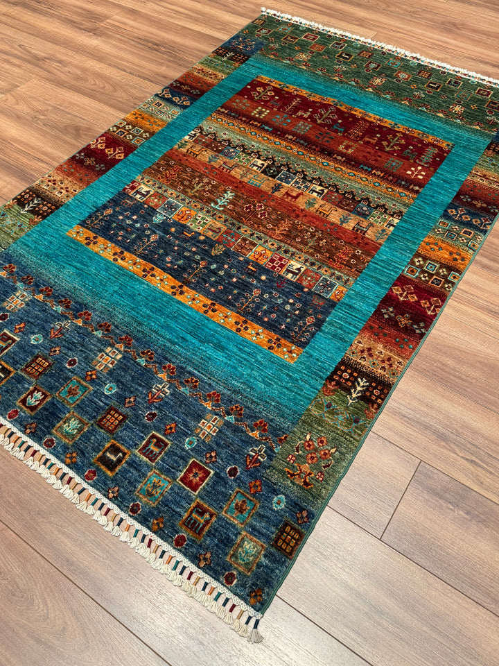 سجادة صوف أصلية من خورجين غابي، منسوجة يدويًا، بلون فيروزي مصبوغ بصبغة الجذور، مقاس 120×183 سم، 2.20 متر مربع - 4×6 قدم 