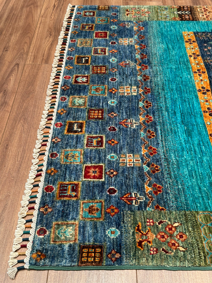سجادة صوف أصلية من خورجين غابي، منسوجة يدويًا، بلون فيروزي مصبوغ بصبغة الجذور، مقاس 120×183 سم، 2.20 متر مربع - 4×6 قدم 