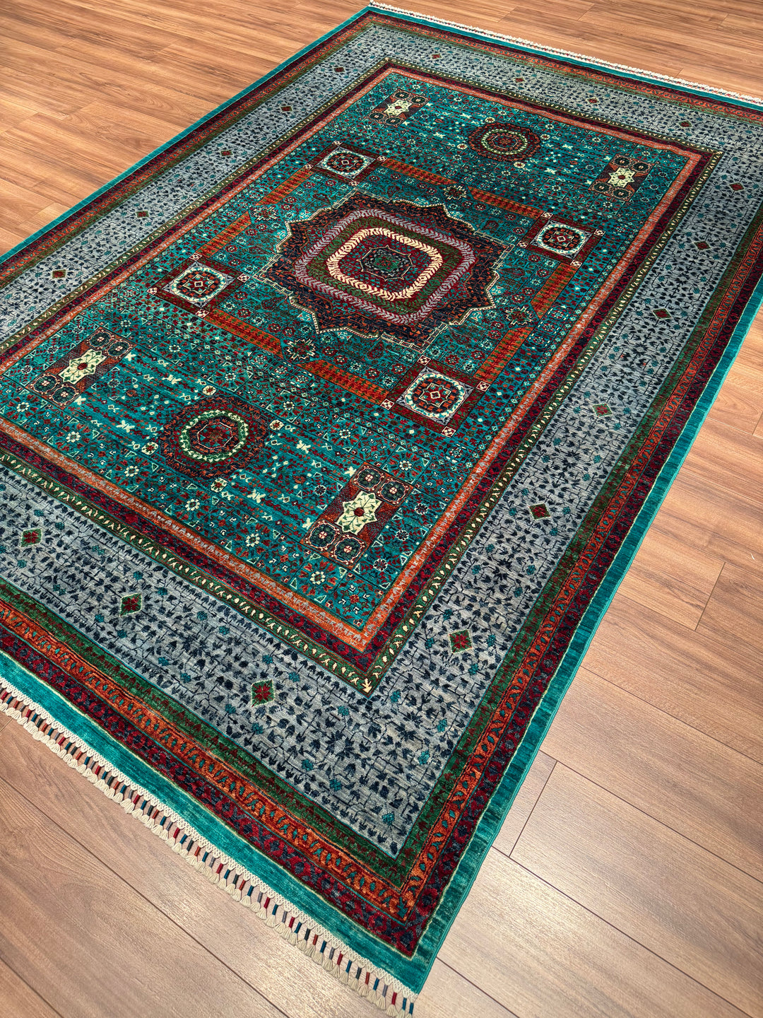 Memlük Orijinal El Dokuması Turkuaz Kök Boya Yün Halı 205x298 6.11 Metrekare - 7x10 ft