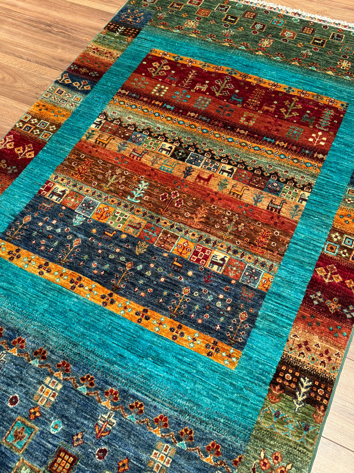 سجادة صوف أصلية من خورجين غابي، منسوجة يدويًا، بلون فيروزي مصبوغ بصبغة الجذور، مقاس 120×183 سم، 2.20 متر مربع - 4×6 قدم 