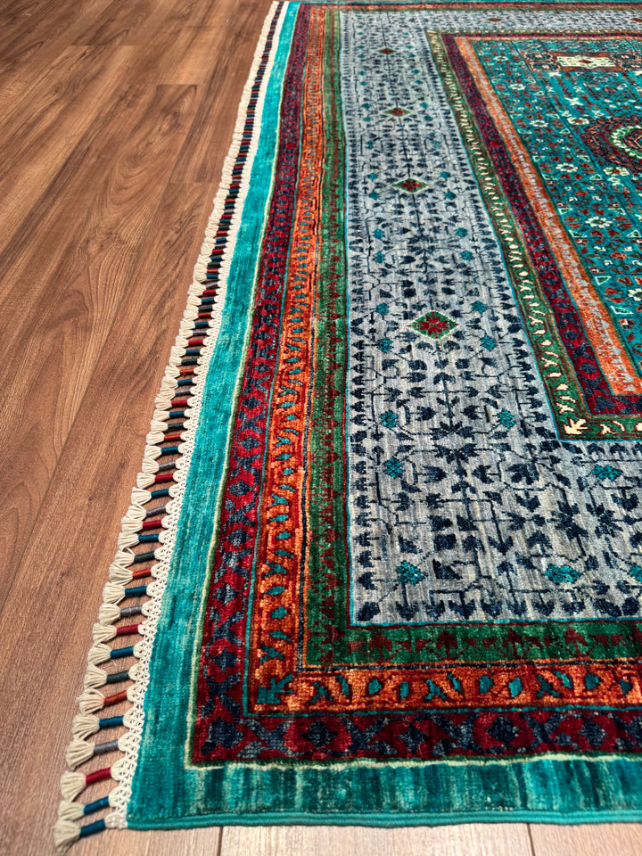 Memlük Orijinal El Dokuması Turkuaz Kök Boya Yün Halı 205x298 6.11 Metrekare - 7x10 ft