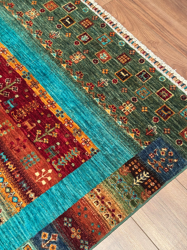 سجادة صوف أصلية من خورجين غابي، منسوجة يدويًا، بلون فيروزي مصبوغ بصبغة الجذور، مقاس 120×183 سم، 2.20 متر مربع - 4×6 قدم 