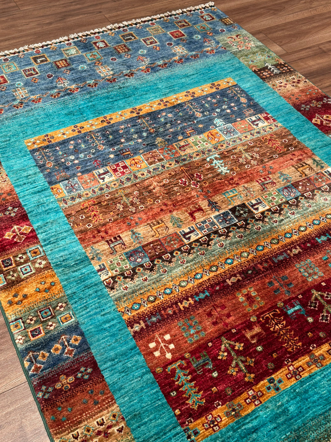 سجادة صوف أصلية من خورجين غابي، منسوجة يدويًا، بلون فيروزي مصبوغ بصبغة الجذور، مقاس 120×183 سم، 2.20 متر مربع - 4×6 قدم 