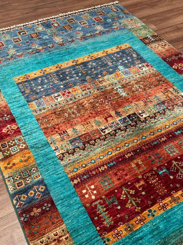 سجادة صوف أصلية من خورجين غابي، منسوجة يدويًا، بلون فيروزي مصبوغ بصبغة الجذور، مقاس 120×183 سم، 2.20 متر مربع - 4×6 قدم 