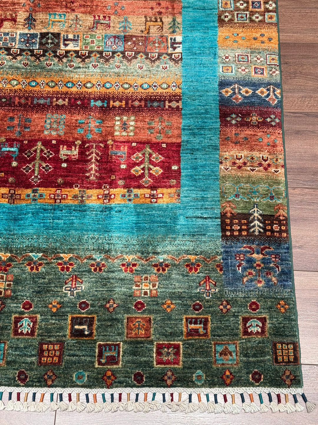 سجادة صوف أصلية من خورجين غابي، منسوجة يدويًا، بلون فيروزي مصبوغ بصبغة الجذور، مقاس 120×183 سم، 2.20 متر مربع - 4×6 قدم 