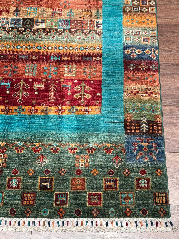 سجادة صوف أصلية من خورجين غابي، منسوجة يدويًا، بلون فيروزي مصبوغ بصبغة الجذور، مقاس 120×183 سم، 2.20 متر مربع - 4×6 قدم 