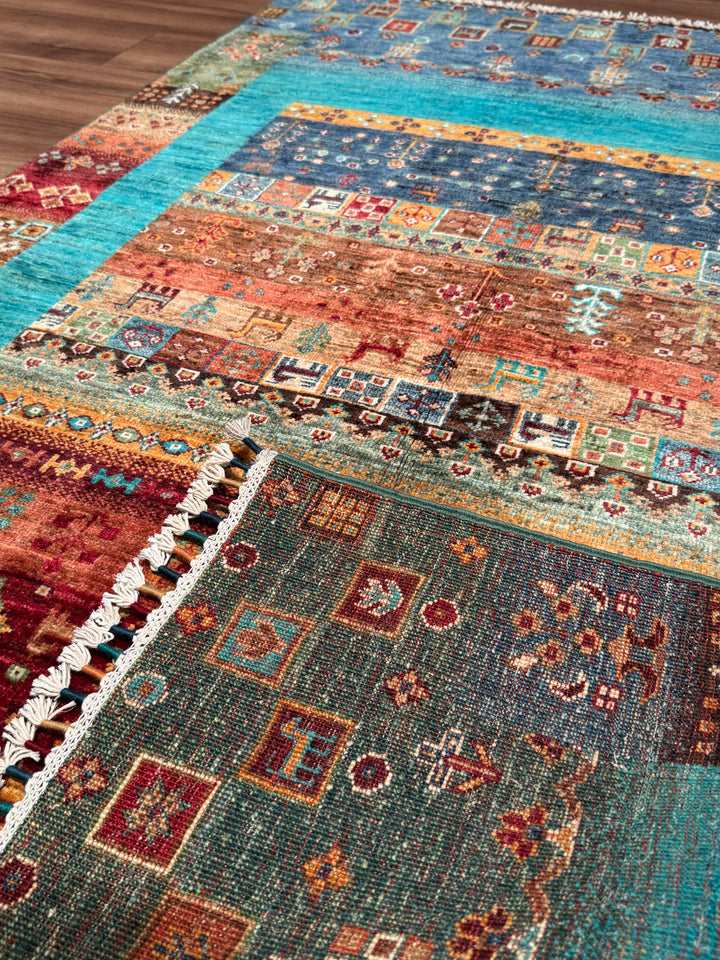 سجادة صوف أصلية من خورجين غابي، منسوجة يدويًا، بلون فيروزي مصبوغ بصبغة الجذور، مقاس 120×183 سم، 2.20 متر مربع - 4×6 قدم 