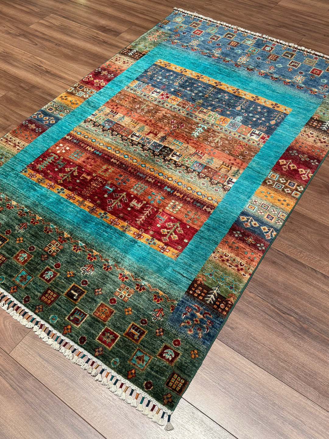 سجادة صوف أصلية من خورجين غابي، منسوجة يدويًا، بلون فيروزي مصبوغ بصبغة الجذور، مقاس 120×183 سم، 2.20 متر مربع - 4×6 قدم 