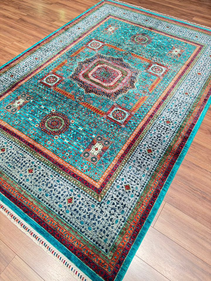 Memlük Orijinal El Dokuması Turkuaz Kök Boya Yün Halı 205x298 6.11 Metrekare - 7x10 ft