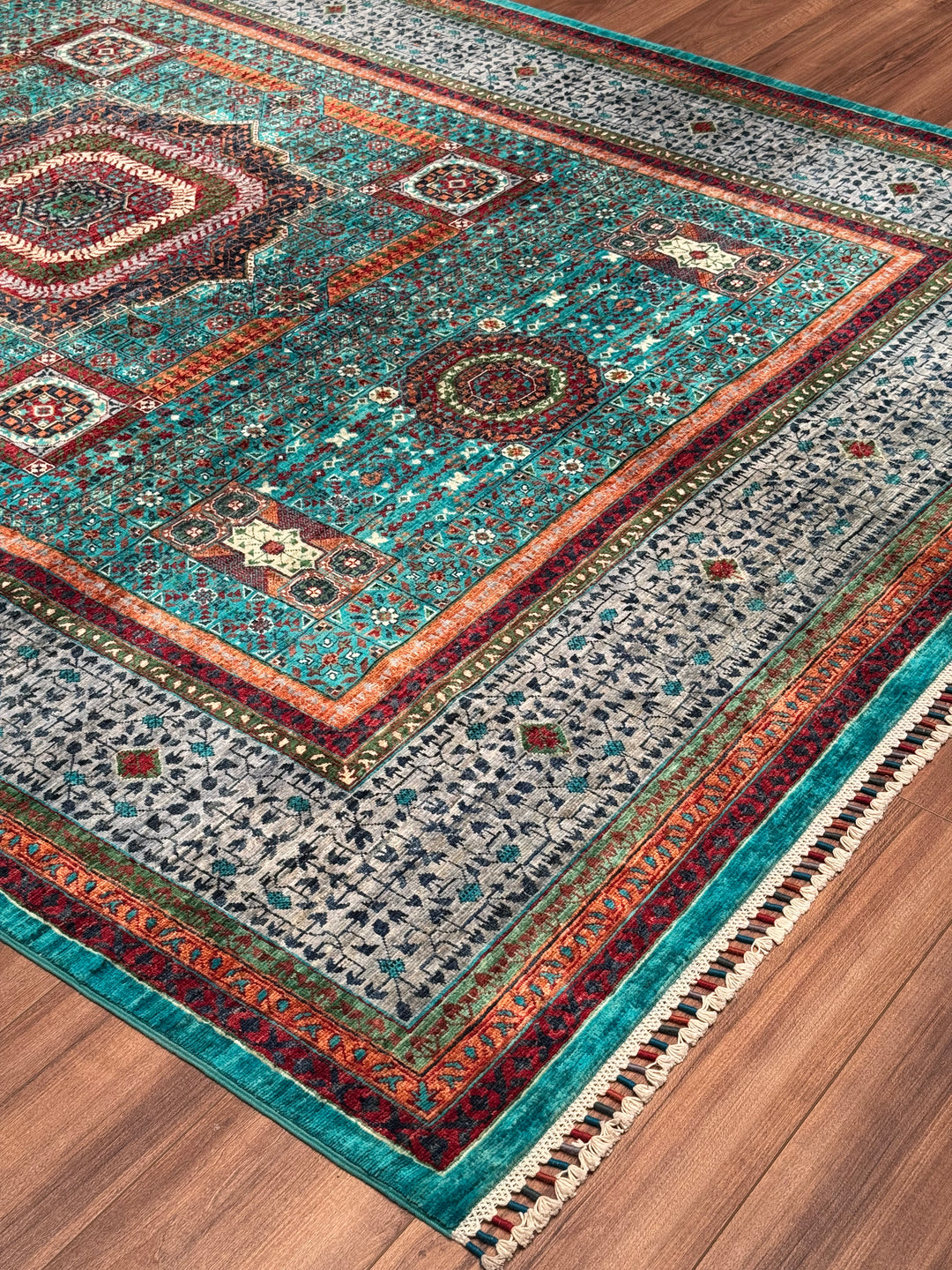 Memlük Orijinal El Dokuması Turkuaz Kök Boya Yün Halı 205x298 6.11 Metrekare - 7x10 ft