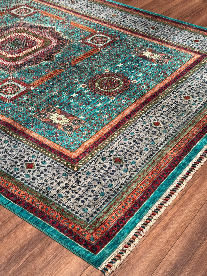 Memlük Orijinal El Dokuması Turkuaz Kök Boya Yün Halı 205x298 6.11 Metrekare - 7x10 ft