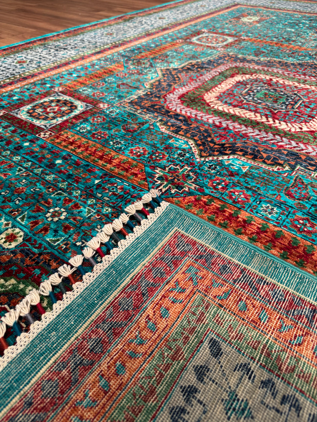 Memlük Orijinal El Dokuması Turkuaz Kök Boya Yün Halı 205x298 6.11 Metrekare - 7x10 ft