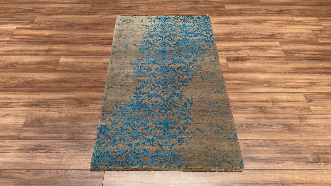 Fendi Original Hand Woven Turquoise Gray Wool Bamboo Carpet 0.92x153 1.41 Square Meters - 3x5 ft