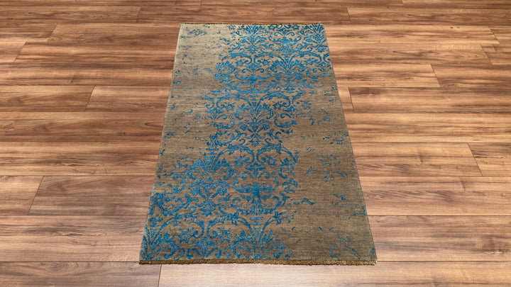 Fendi Original Hand Woven Turquoise Gray Wool Bamboo Carpet 0.92x153 1.41 Square Meters - 3x5 ft