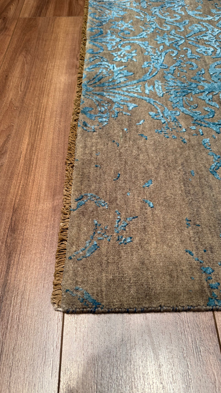 Fendi Original Hand Woven Turquoise Gray Wool Bamboo Carpet 0.92x153 1.41 Square Meters - 3x5 ft