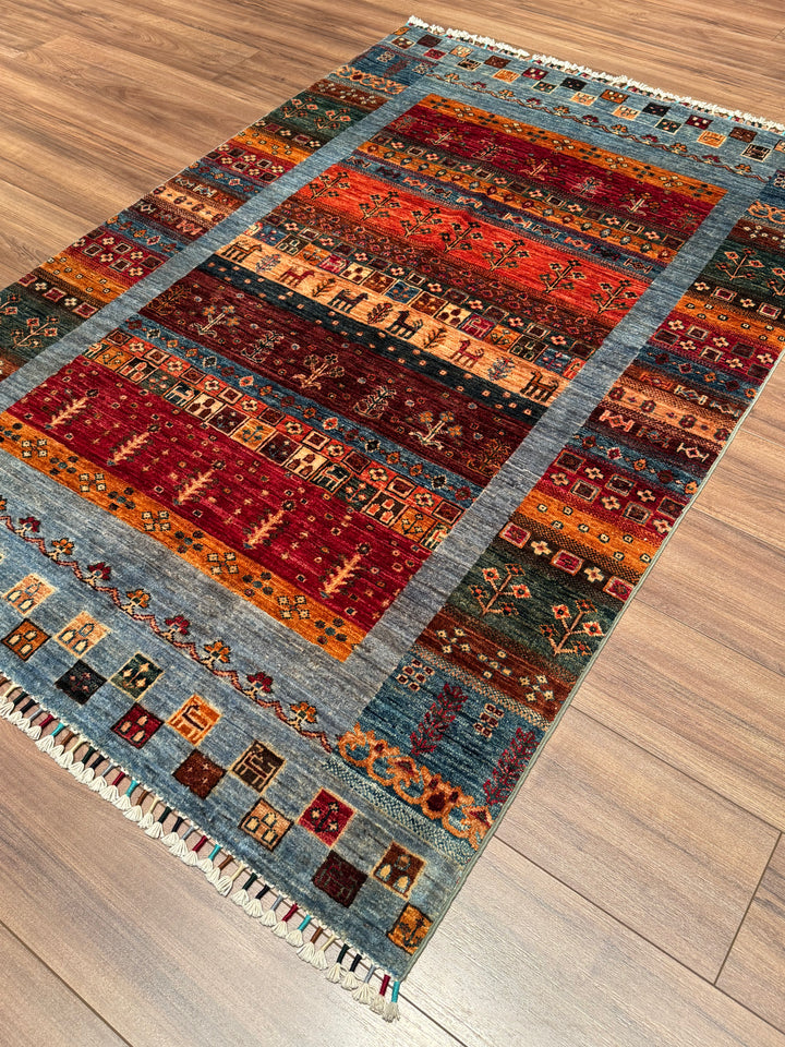 Khorjin Gabbe Desenli Orijinal El Dokuması Mavi Kök Boya Yün Halı 124x184 2.28 Metrekare - 4x6 ft