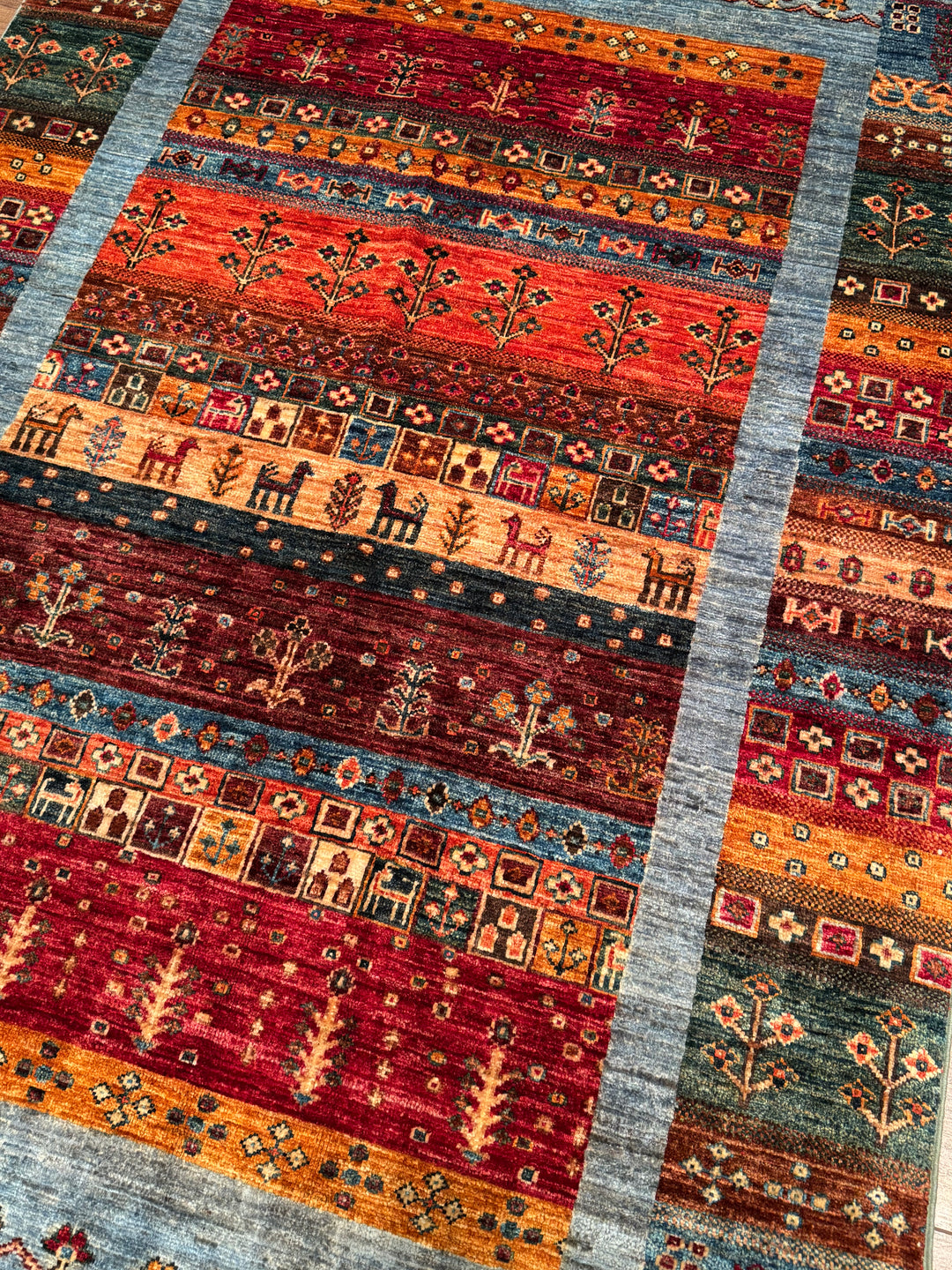 Khorjin Gabbe Desenli Orijinal El Dokuması Mavi Kök Boya Yün Halı 124x184 2.28 Metrekare - 4x6 ft