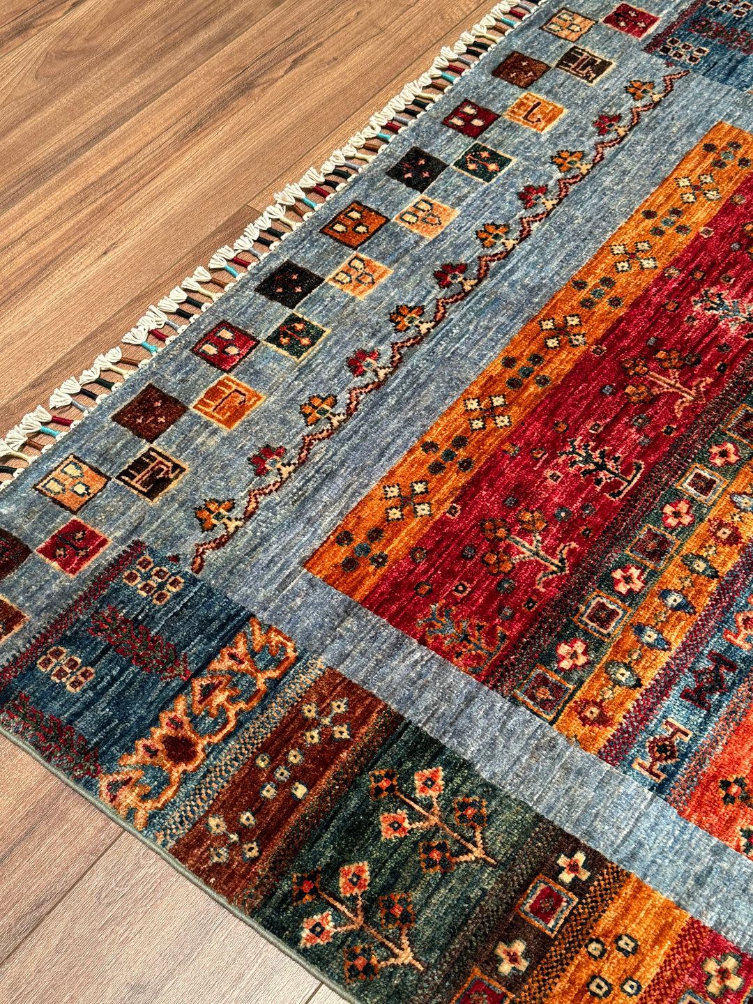 Khorjin Gabbe Desenli Orijinal El Dokuması Mavi Kök Boya Yün Halı 124x184 2.28 Metrekare - 4x6 ft