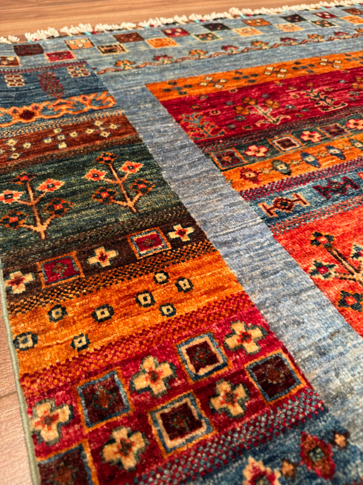 Khorjin Gabbe Desenli Orijinal El Dokuması Mavi Kök Boya Yün Halı 124x184 2.28 Metrekare - 4x6 ft