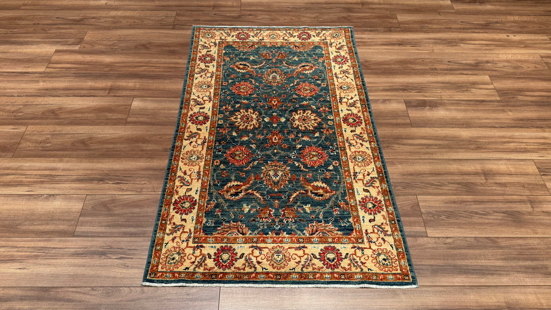 Uşak Original Hand Woven Cream Blue Vegetable Dyed Wool Carpet 0.96x157 1.51 Square Meters - 3x5 ft