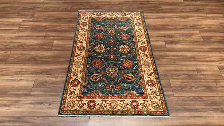 Uşak Original Hand Woven Cream Blue Vegetable Dyed Wool Carpet 0.96x157 1.51 Square Meters - 3x5 ft