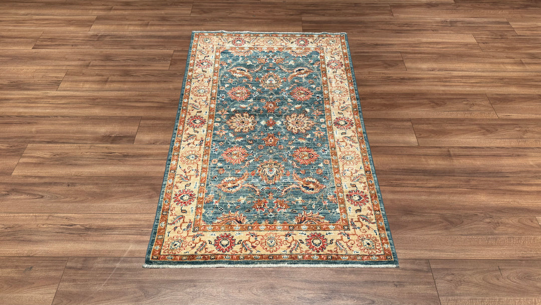 Uşak Original Hand Woven Cream Blue Vegetable Dyed Wool Carpet 0.96x157 1.51 Square Meters - 3x5 ft