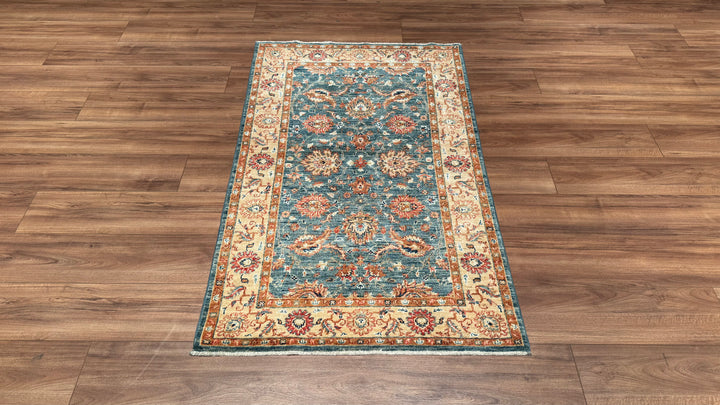 Uşak Original Hand Woven Cream Blue Vegetable Dyed Wool Carpet 0.96x157 1.51 Square Meters - 3x5 ft